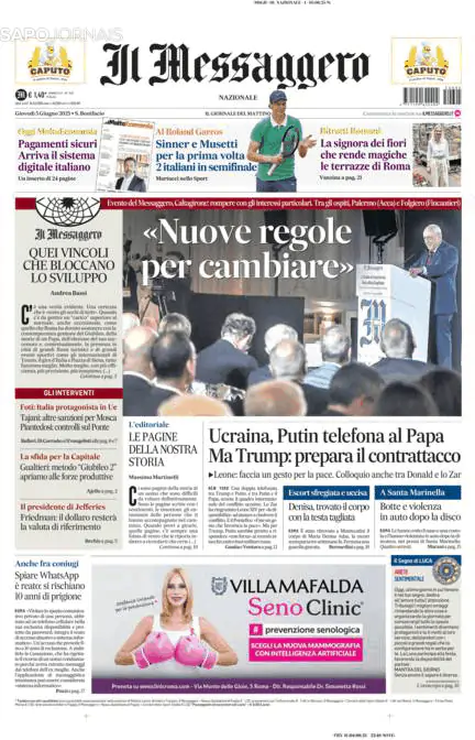 Capa jornal Il Messaggero 2025-06-05