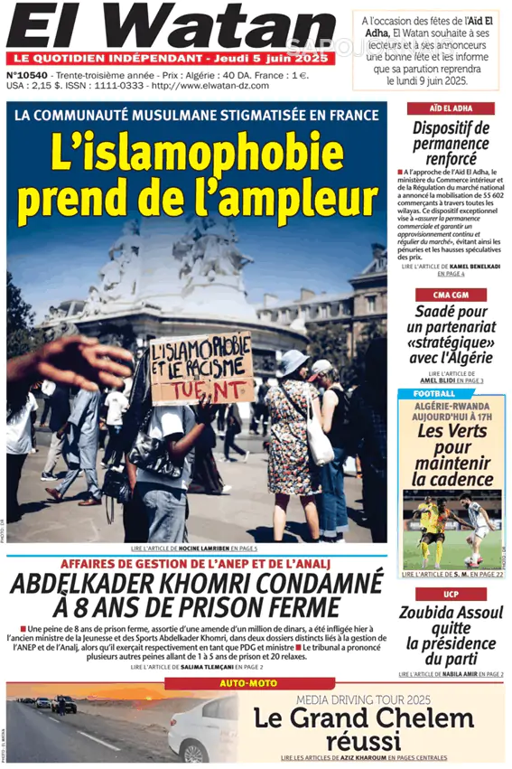 Capa jornal El Watan 2025-06-05