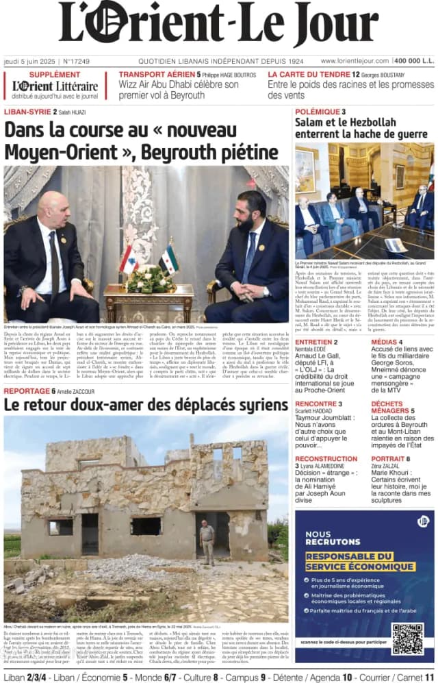 Capa jornal L'orient le jour 2025-06-05