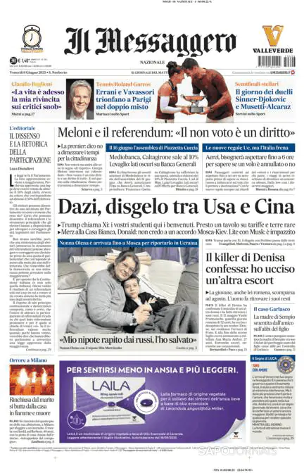 Capa jornal Il Messaggero 2025-06-06
