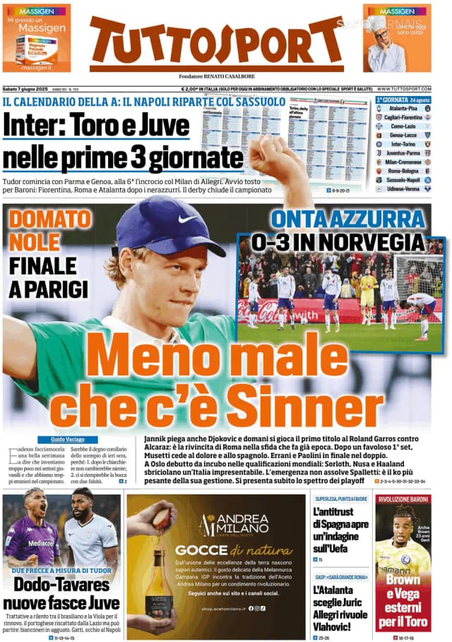 Capa jornal Tuttosport 2025-06-07