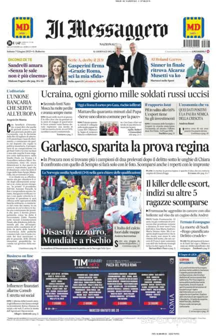Capa jornal Il Messaggero 2025-06-07