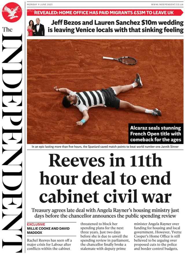 Capa jornal The Independent 2025-06-09