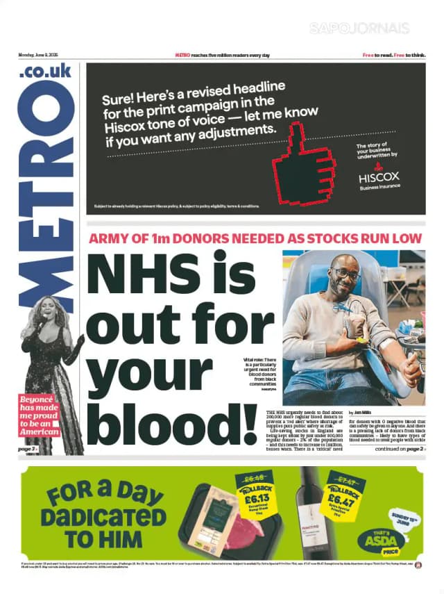 Capa jornal Metro London 2025-06-09