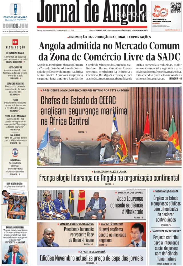 Capa jornal Jornal de Angola 2025-06-08