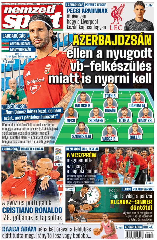 Capa jornal Nemzeti Sport 2025-06-10