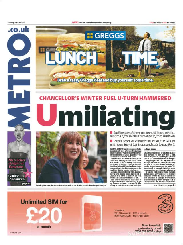 Capa jornal Metro London 2025-06-10