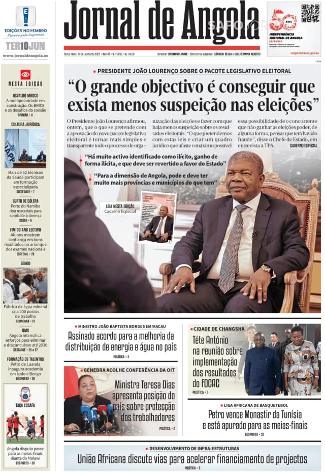 Capa jornal Jornal de Angola 2025-06-10
