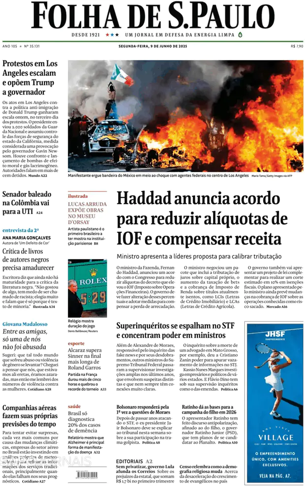 Capa jornal Folha de S. Paulo 2025-06-09