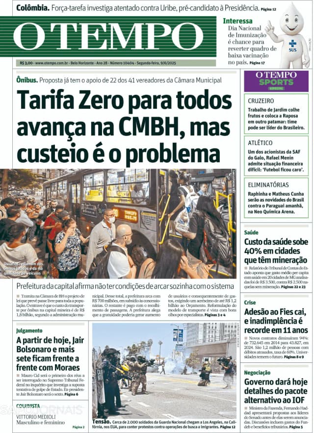 Capa jornal O Tempo 2025-06-09