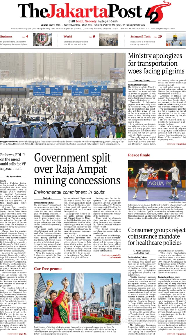 Capa jornal The Jakarta Post 2025-06-09