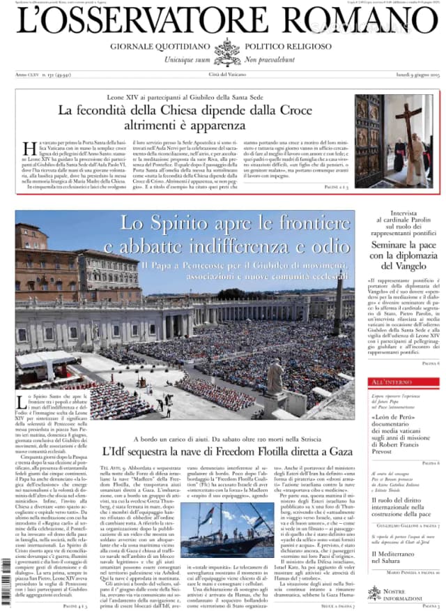 Capa jornal L'Osservatore Romano 2025-06-09