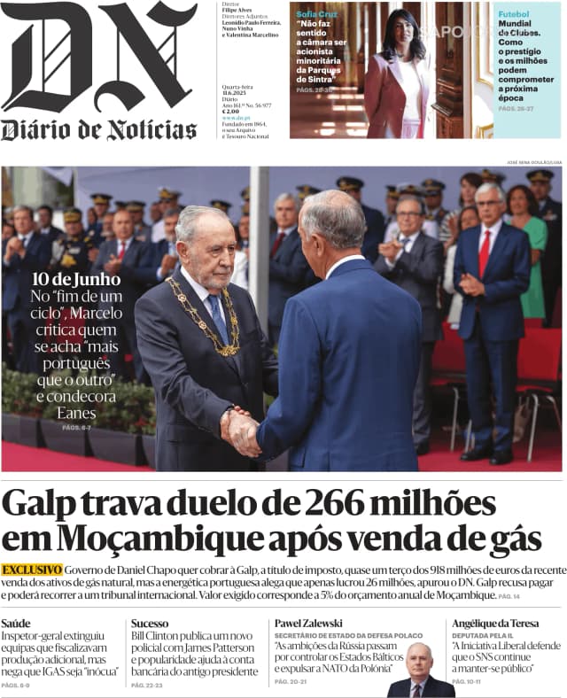 Capa jornal Diário de Notícias 2025-06-11