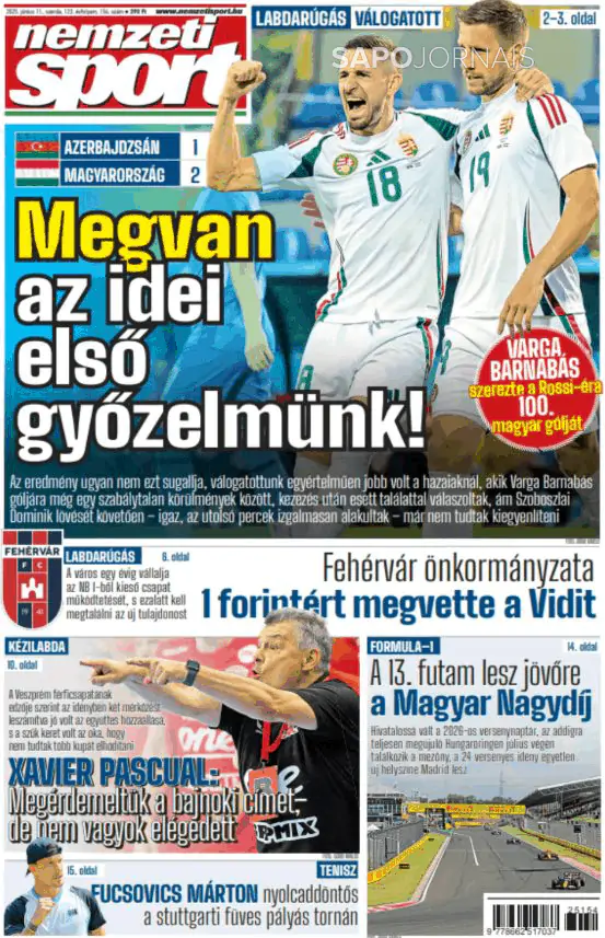 Capa jornal Nemzeti Sport 2025-06-11
