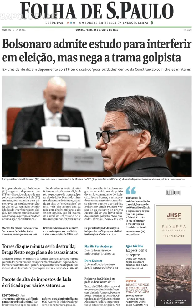 Capa jornal Folha de S. Paulo 2025-06-11