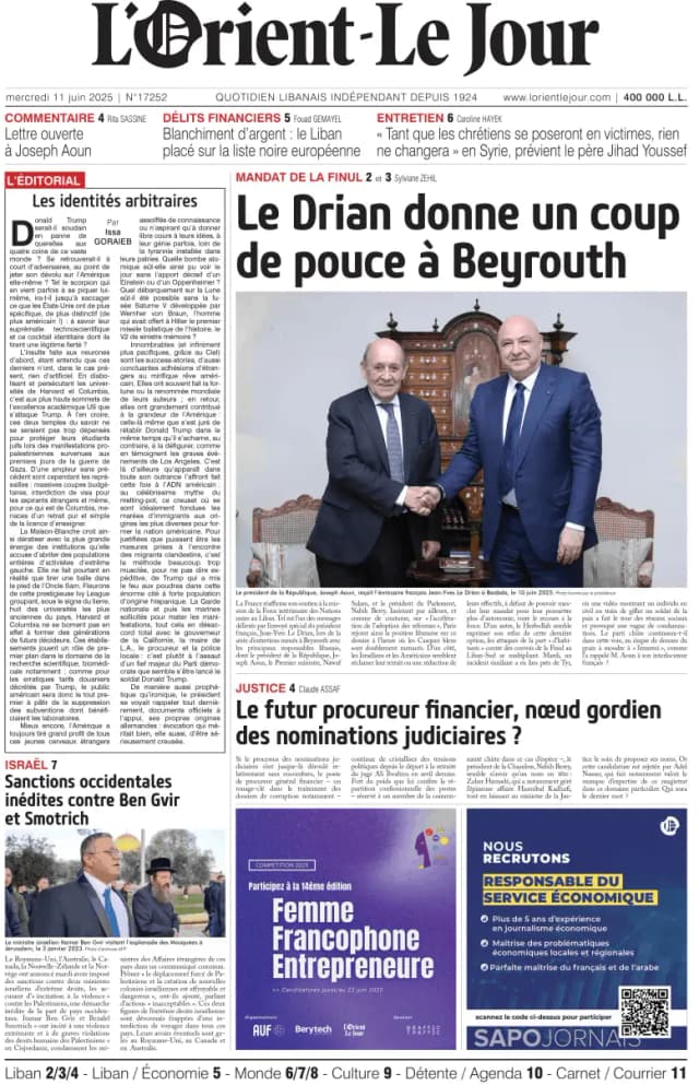 Capa jornal L'orient le jour 2025-06-11