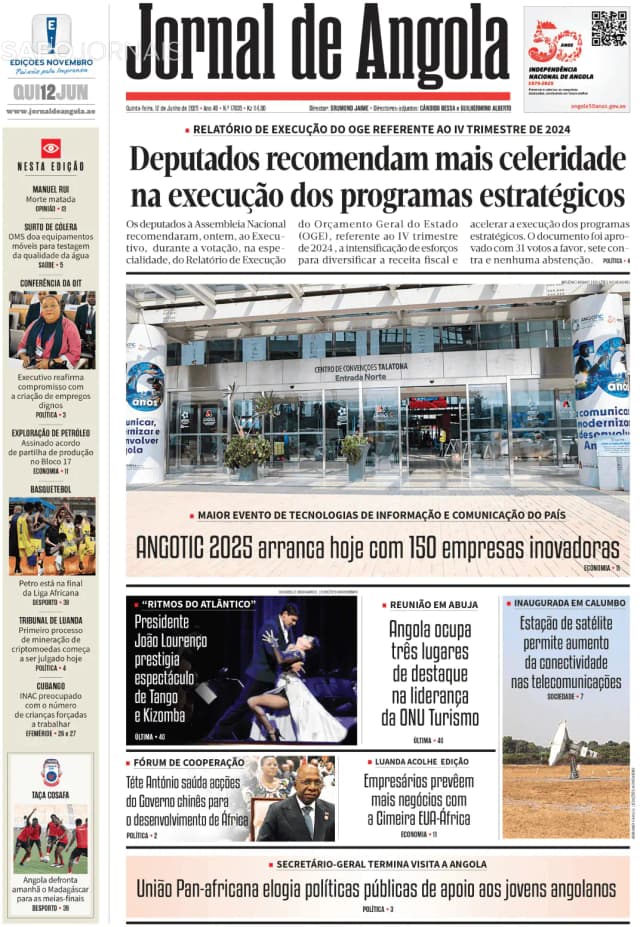 Capa jornal Jornal de Angola 2025-06-12