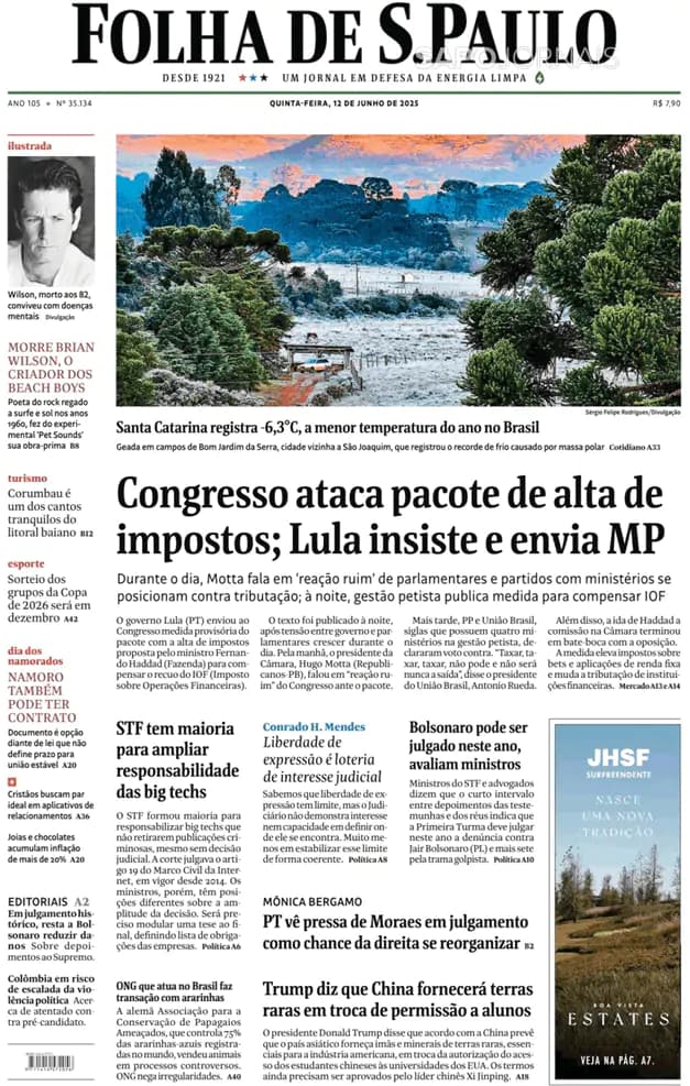 Capa jornal Folha de S. Paulo 2025-06-12