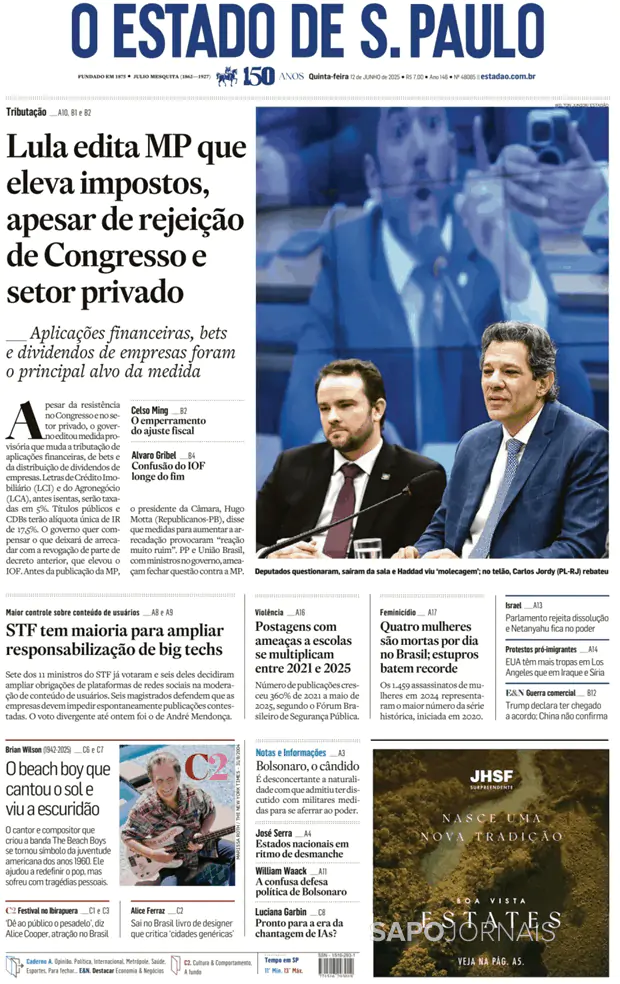 Capa jornal O Estado de S. Paulo 2025-06-12