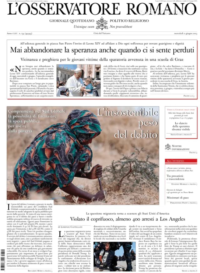 Capa jornal L'Osservatore Romano 2025-06-11