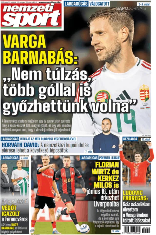 Capa jornal Nemzeti Sport 2025-06-12