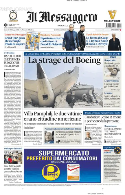Capa jornal Il Messaggero 2025-06-13