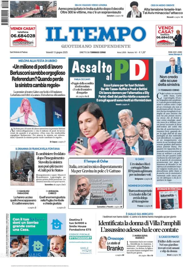 Capa jornal Il Tempo 2025-06-13
