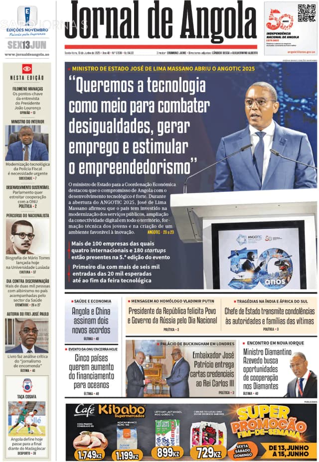 Capa jornal Jornal de Angola 2025-06-13