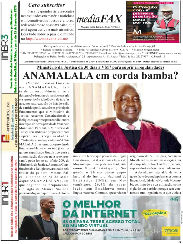Capa jornal Mediafax 2025-06-13