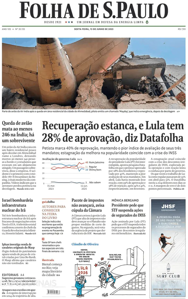 Capa jornal Folha de S. Paulo 2025-06-13