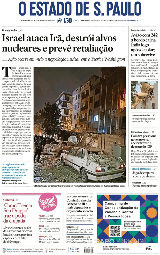 Capa jornal O Estado de S. Paulo 2025-06-13