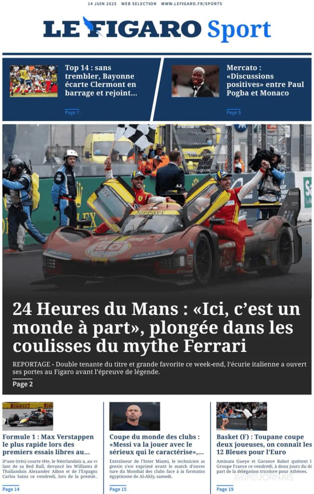 Capa jornal Le Figaro Sport 2025-06-14