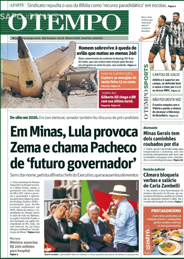Capa jornal O Tempo 2025-06-13