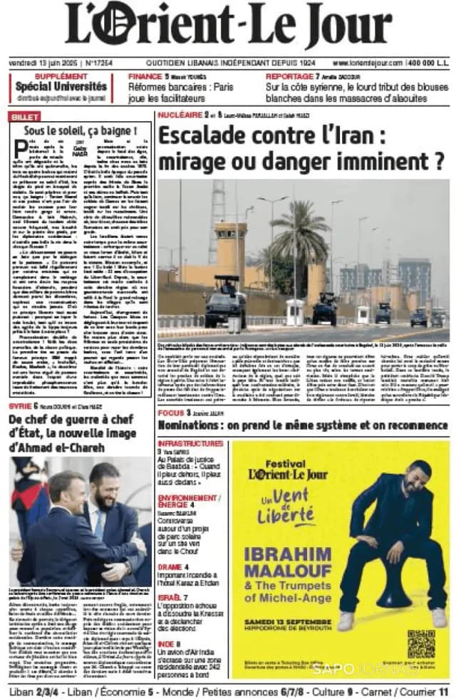 Capa jornal L'orient le jour 2025-06-13