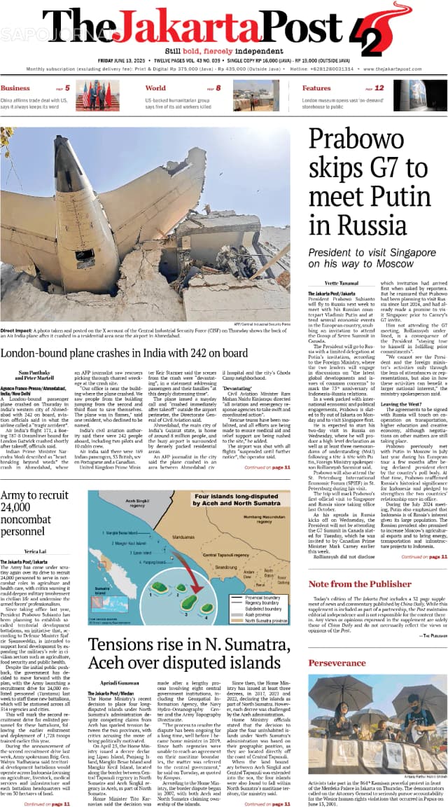 Capa jornal The Jakarta Post 2025-06-13