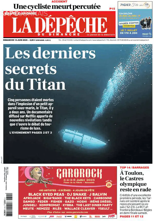 Capa jornal La Dépêche du Midi 2025-06-15