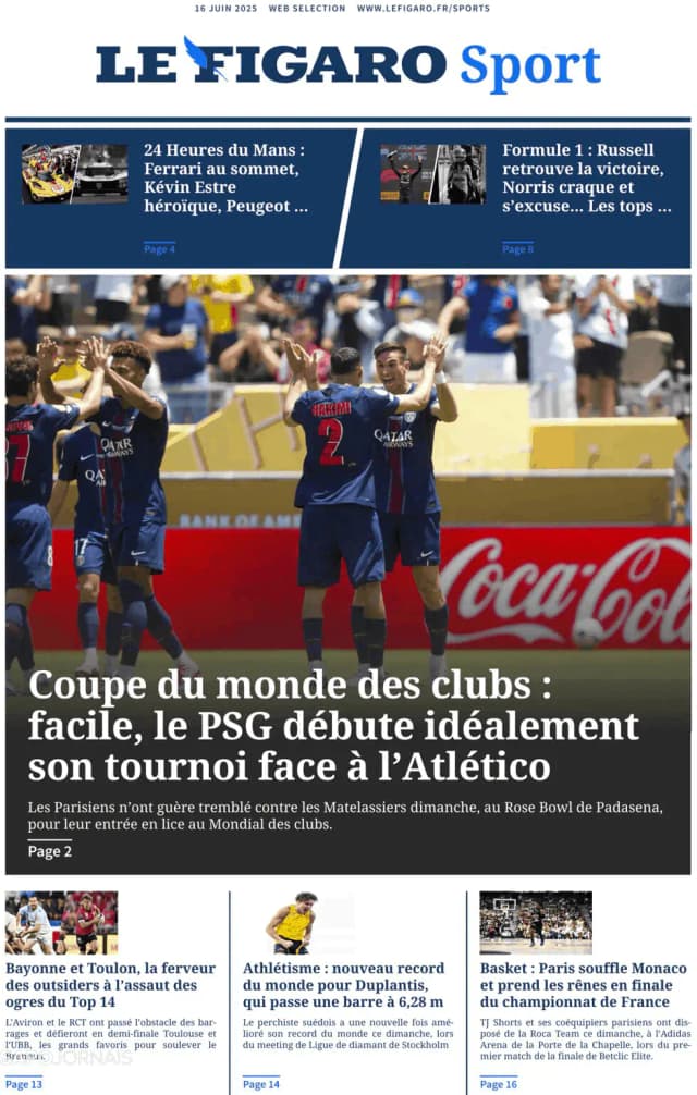 Capa jornal Le Figaro Sport 2025-06-16