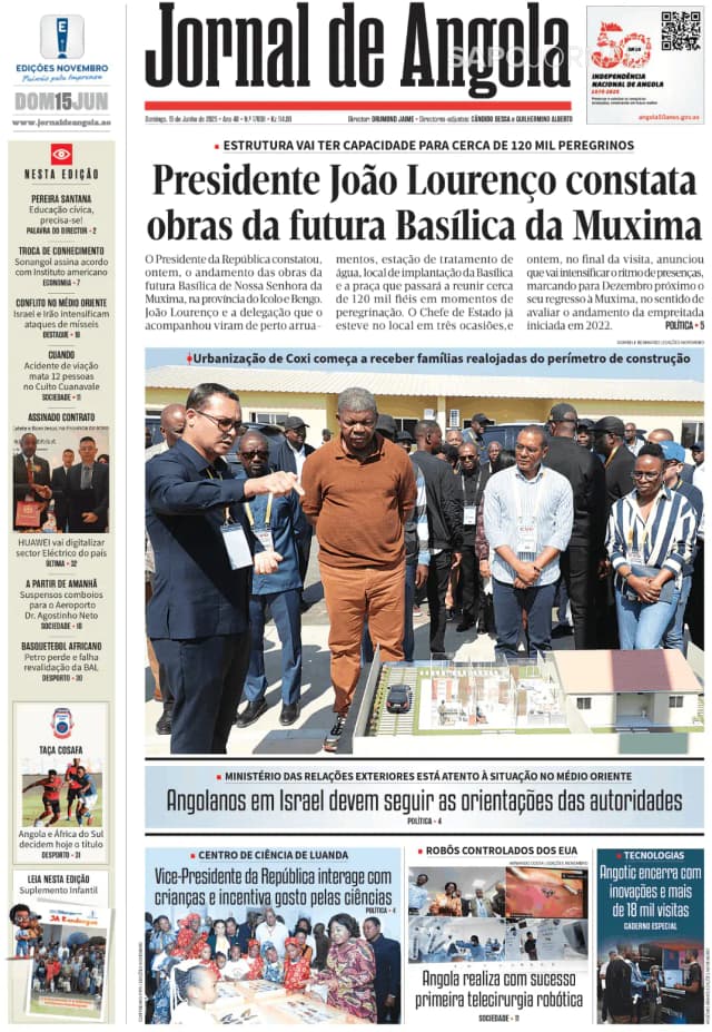 Capa jornal Jornal de Angola 2025-06-15