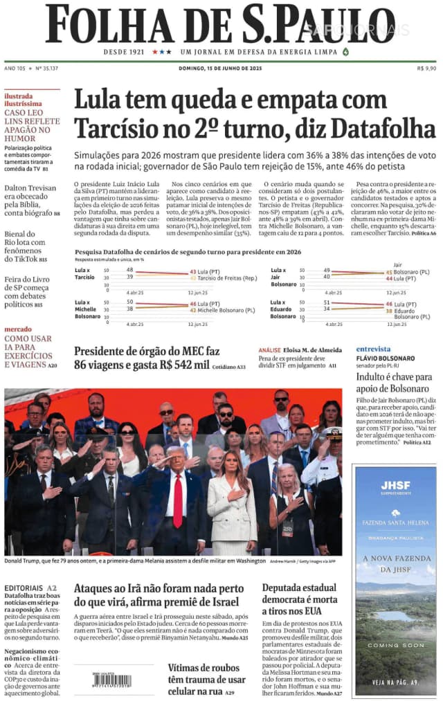 Capa jornal Folha de S. Paulo 2025-06-15