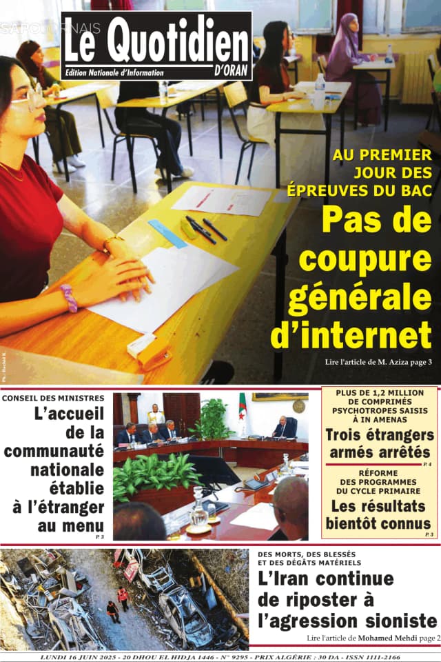 Capa jornal Le Quotidien D’Oran 2025-06-16