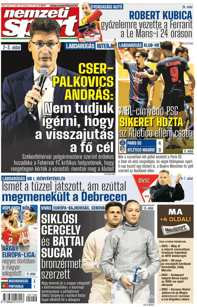 Capa jornal Nemzeti Sport 2025-06-16