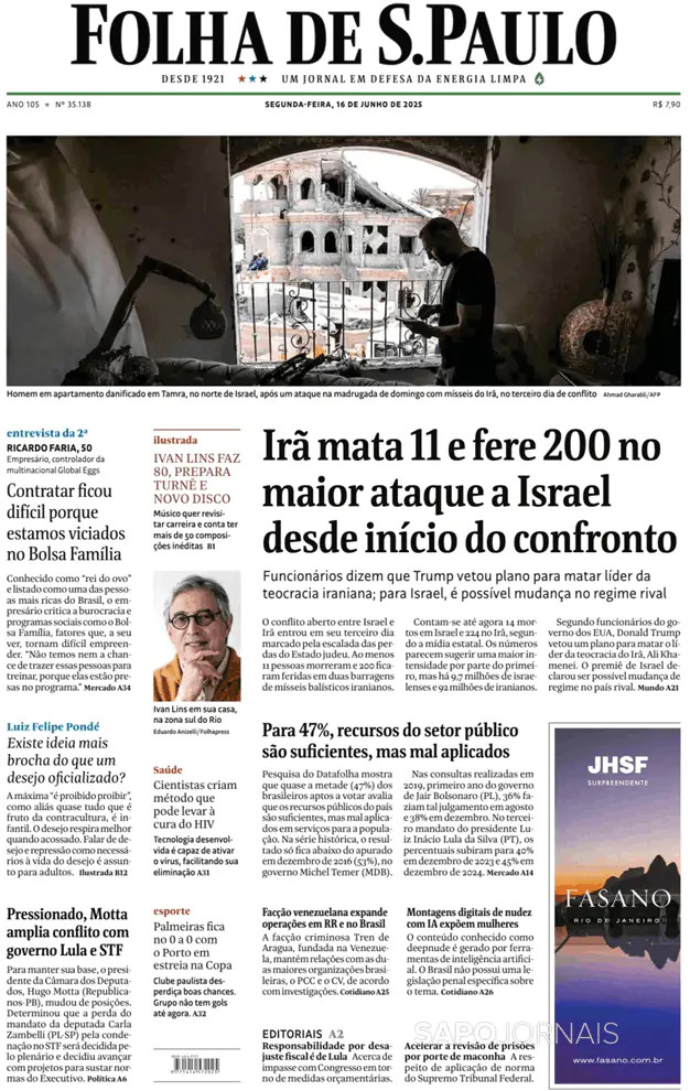 Capa jornal Folha de S. Paulo 2025-06-16