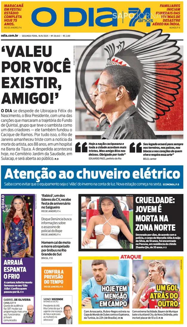 Capa jornal O Dia 2025-06-16