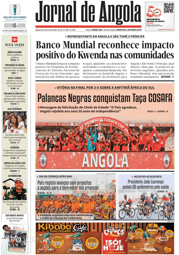 Capa jornal Jornal de Angola 2025-06-16