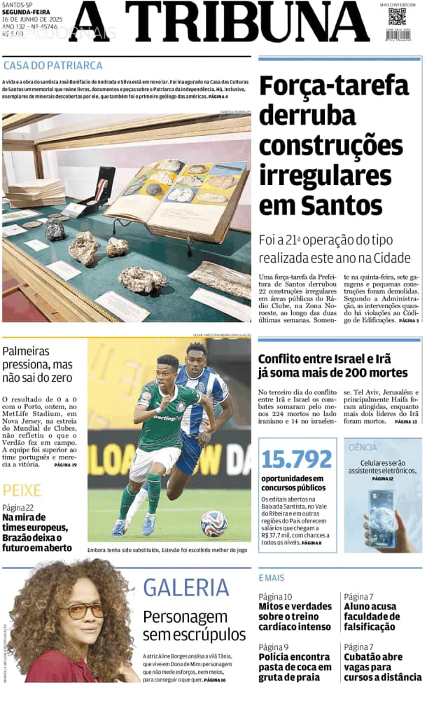 Capa jornal A Tribuna de Santos 2025-06-16