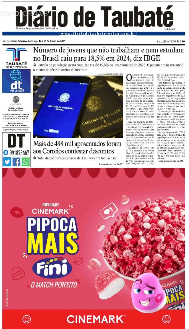 Capa jornal Diário de Taubaté 2025-06-14