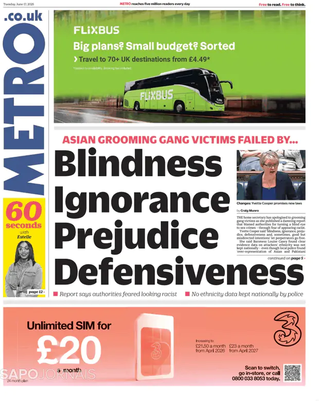 Capa jornal Metro London 2025-06-17