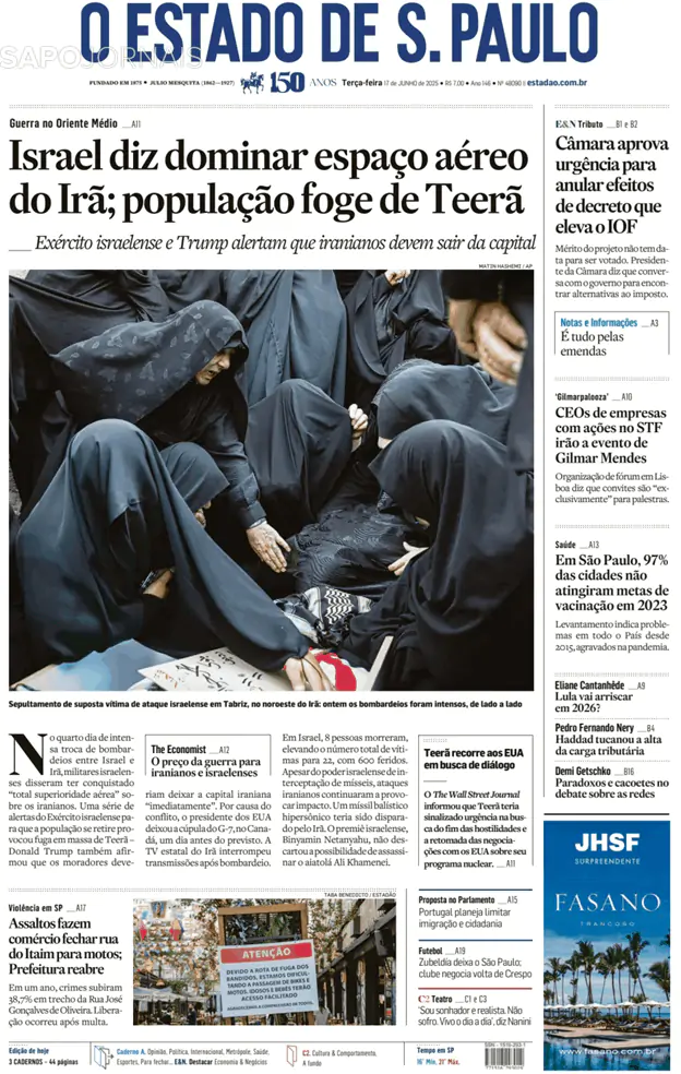 Capa jornal O Estado de S. Paulo 2025-06-17