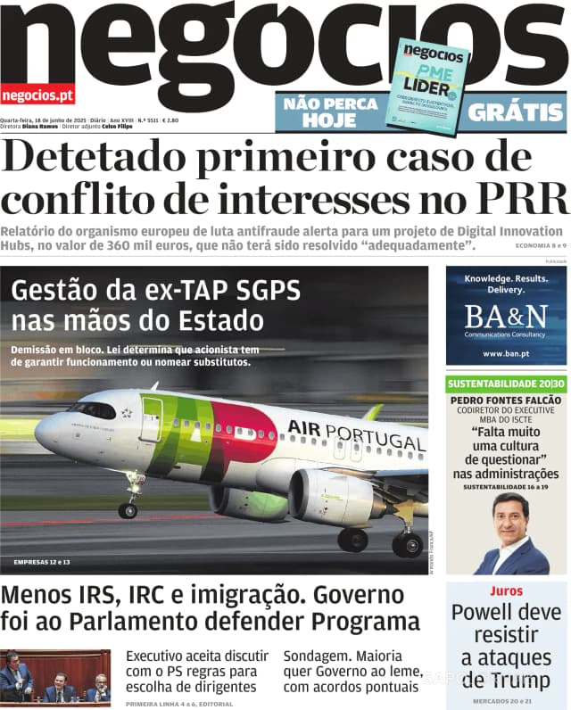 Capa jornal Jornal de Negócios 2025-06-18