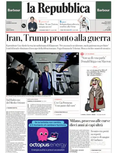 Capa jornal La Repubblica 2025-06-18
